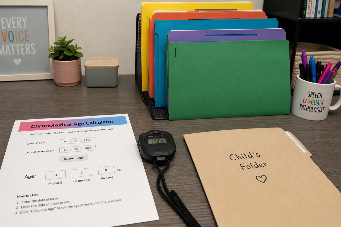 Chronological age calculator Super Duper for speech-language pathology assessments