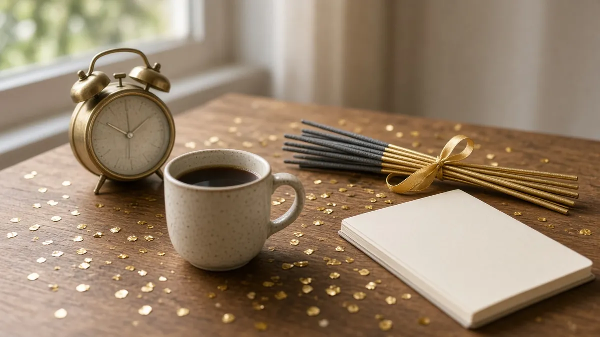 Counting the days until New Year: a brass alarm clock, coffee mug, notebook and sparklers tied with gold ribbon on a desk with confetti