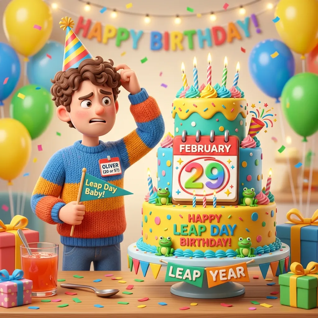 Confused character with leap year birthday cake