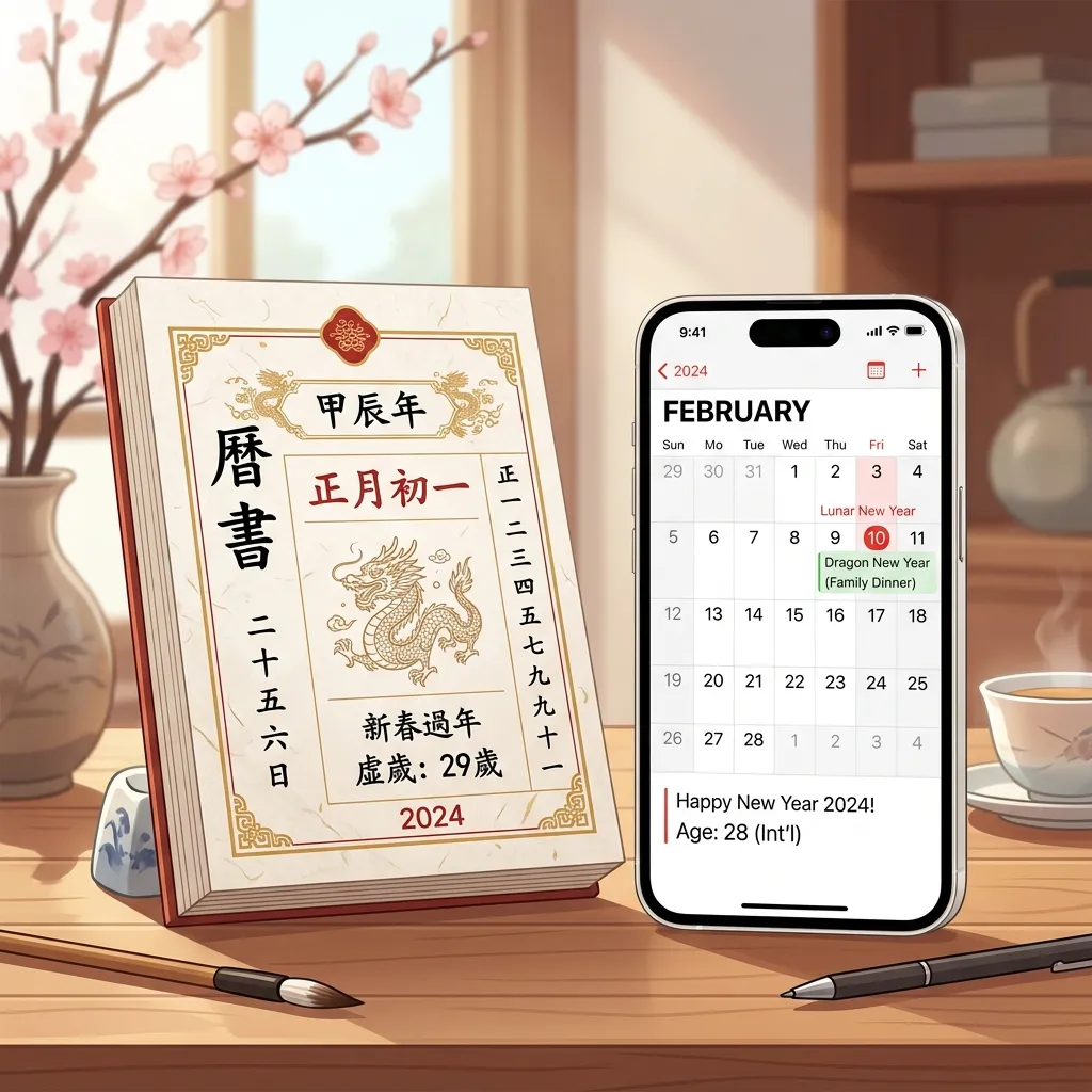 Digital illustration of East Asian calendar next to Western smartphone calendar