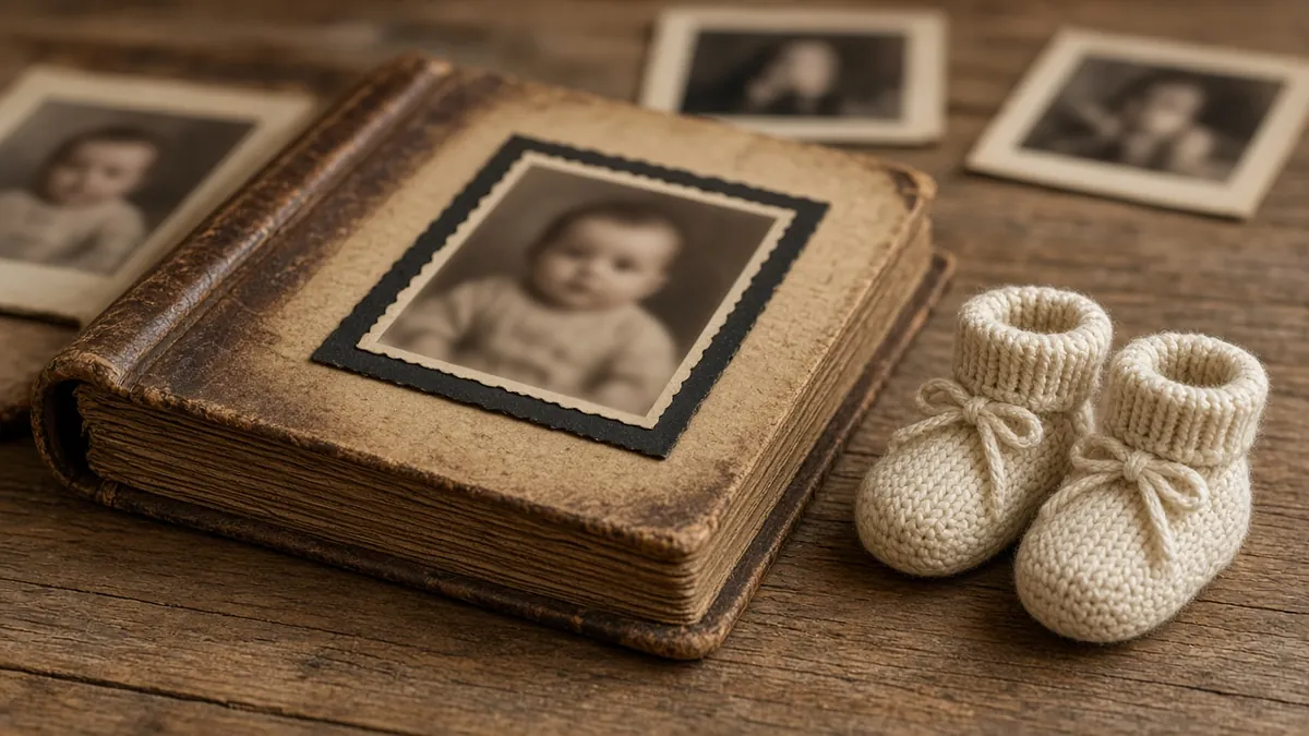 Old leather family photo album with vintage baby photos and knitted baby booties on a wooden table