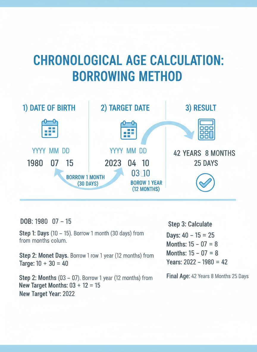Infographic showing the chronological age borrowing method calculation process